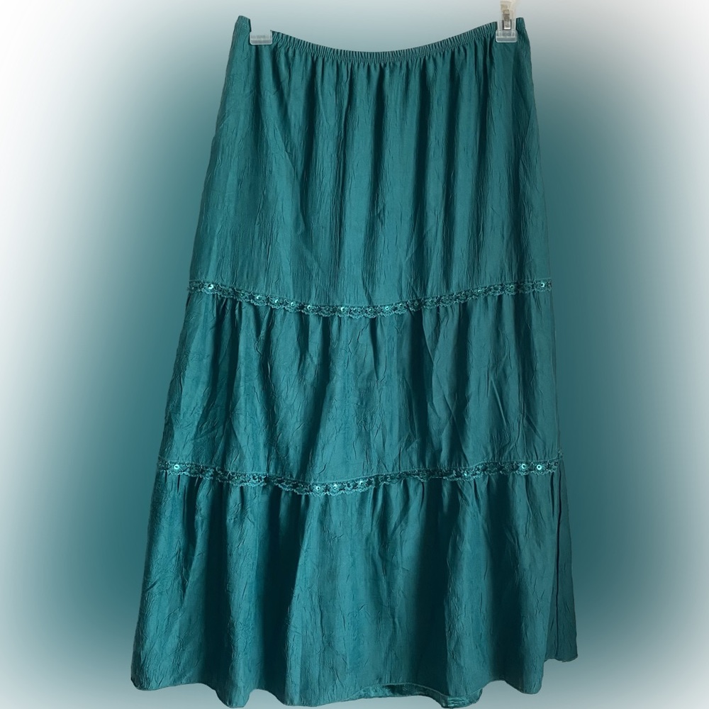 Vintage Y2K Teal Heart Soul 3 Tier Silk Skirt with Lace & Sequin Detailing XL